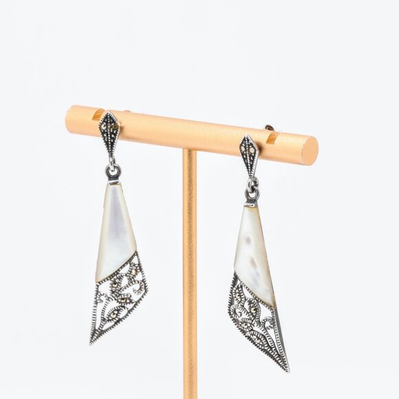 Vintage Sterling Silver MOP Marcasite Dangle Stud Earrings - Picture 5 of 7